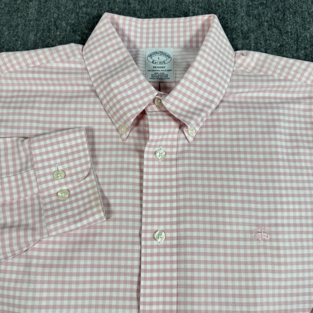 Brooks Brothers Regent Men's L Pink Gingham Supima Cotton Non-Iron Dress Shirt